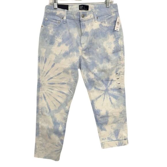 GAP Denim Jeans Size 8/29 Blue White Tie Dye SLIM BOYFRIEND Mid Rise Cropped NEW - Picture 1 of 12